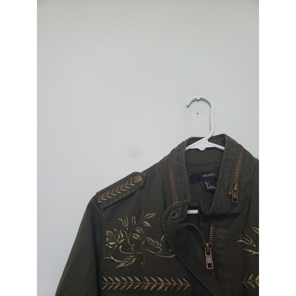 Forever 21 Womens L Jacket Green Full Zip Metallic Embroidery Military Style - Picture 4 of 6